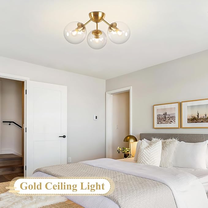 Mid-Century Modern Semi Flush Mount Ceiling Light 3 Lights Clear Glass Modern Globe Ceiling Light Gold Brass Sputnik Chandeliers for Hallway Entryway Kitchen Bedroom Laundry(Bulb Incl.)