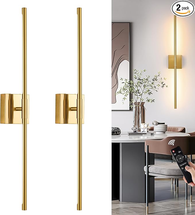 Morauroral 36 Inch Battery Operated Wall Sconces Set of 2, Dimmable Battery Wall Sconce with Remote Control, Gold LED Rechargeable Sconces, Modern Wireless Wall Lights for Bedroom, Living Room