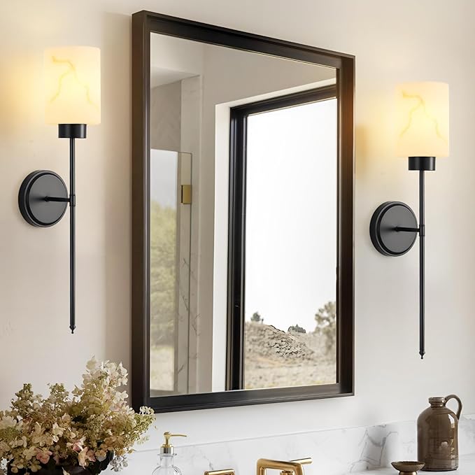 Black Wall Sconces Set of 2 with Marble Glass Shade, Modern Bathroom Vanity Light Fixtures for Bedroom, Hallway, Entryway, Living Room