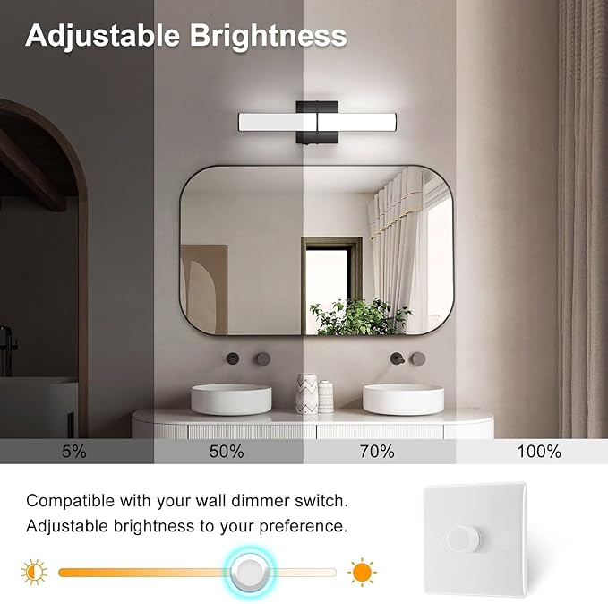 OOWOLF 2Pack 17.3Inch Black Vanity Light Fixture with Switch, 12W 5000K Led Bathroom Light Fixture Over Mirror, Hardwired Wall Light, 1200LM Vanity Light Bar for Mirror Bedroom Hallway Living Room