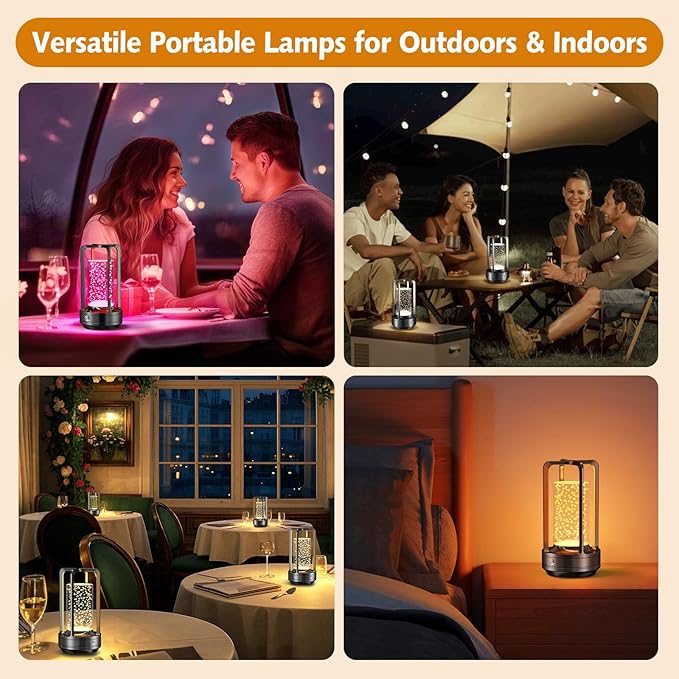 Portable Table Lamp for Outdoor Indoor: Cordless Rechargeable Desk Lamp with 10 Colors - Shower Lamp with Stepless Dimmable - Metal Battery Operated Lantern Light for Bedroom/Bar/Coffee Shop/Camping