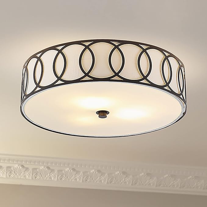 JONATHAN Y 15.5" Oil Rubbed Bronze Modern Metal LED Flush Mount Ceiling Light for Bedroom Hallway, White Linen Drum Shade with Geometric Fretwork, LED Bulbs Included (JYL3503C)