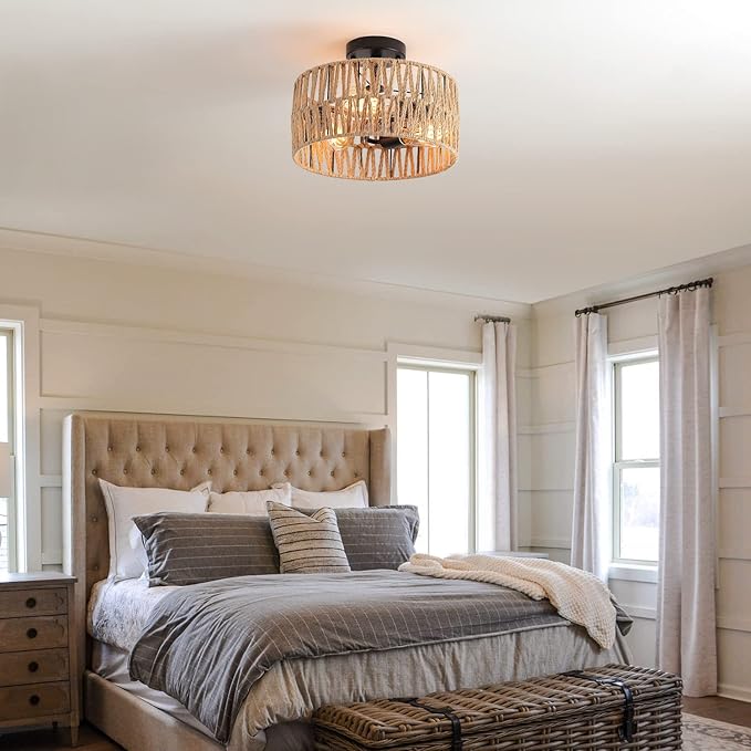 3-Light Coastal Woven Flush Mount Light Fixture Boho Rustic Hemp Rope Drum Semi Flush Mount Ceiling Light for Hallway Bedroom Kitchen Entryway Farmhouse Living Room, Black