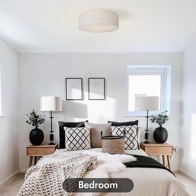 18-Inch Large Flush Mount Ceiling Light Fixture with Fabric Shade, Modern Drum Closed to Ceiling Lighting for Living Dining Room, Bedroom, Kitchen, Foyer - Farmhouse 3-Light Lamp & Chandelier