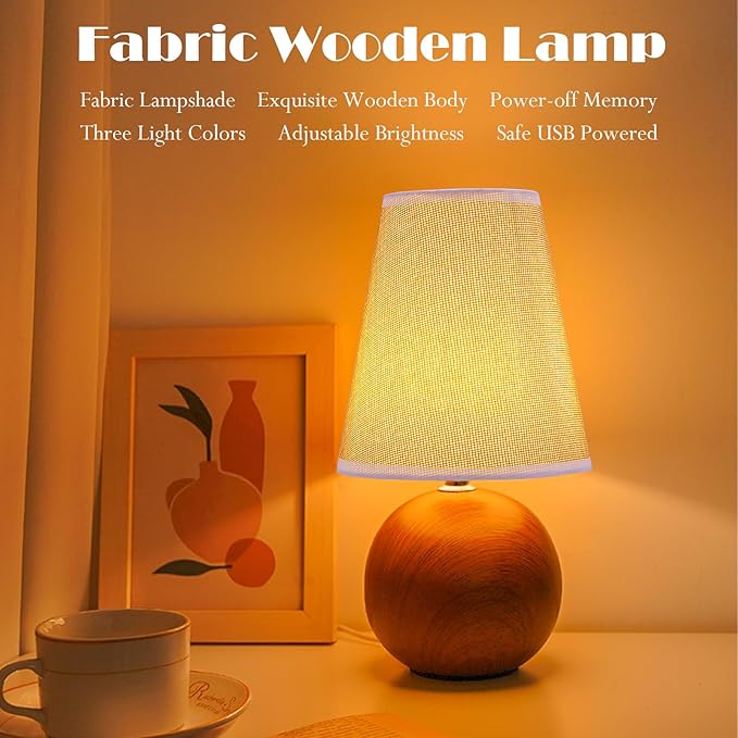 Vintage Wooden Base Fabric Night Lamp, Adjustable Light Color and Brightness with Power-Off Memory, Safe USB Powered, Retro LED Table Light for Bedroom Living Room Office (Flax Yellow)