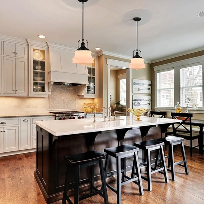 DEYNITE Industrial Pendant Light Fixtures Black Hanging Adjustable Schoolhouse Light Milk White Shade for Kitchen Bar Bedroom Bathroom Dining Room