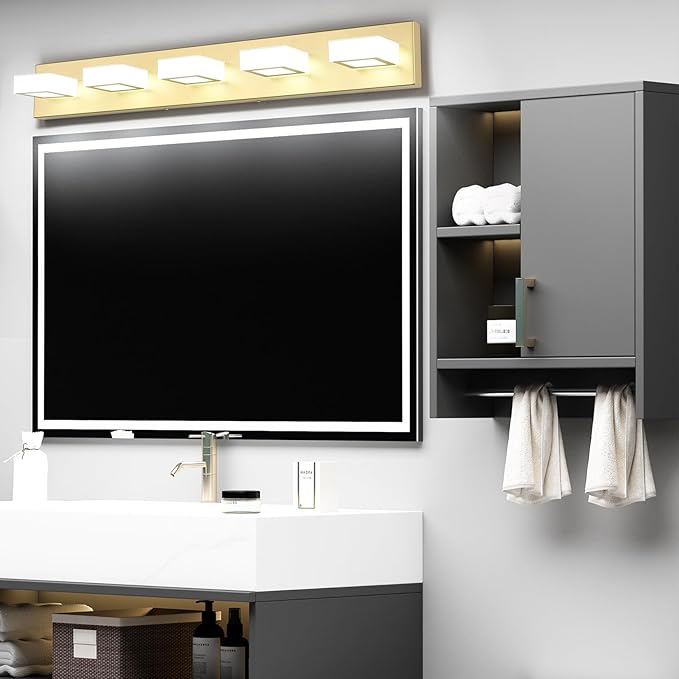 Ralbay Modern LED Gold Bathroom Vanity Lights 5 Lights LED Modern Gold Vanity Lights Over Mirror Fixture Acrylic Gold Vanity Wall Light (White Light 6000K), 33.5 inch, 8590-gold-silver