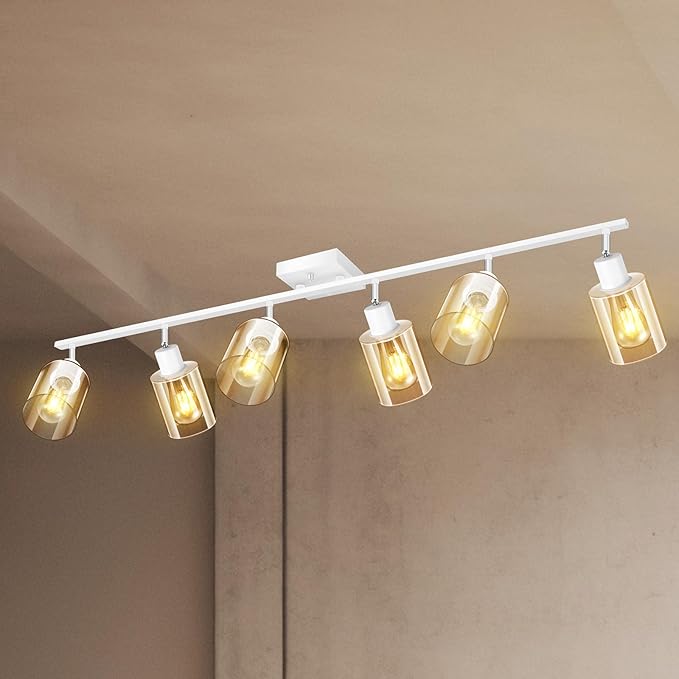 Track Lighting Fixtures Ceiling, 6-Light Track Light with Clear Glass Shade, 45" Modern Kitchen Lighting Ceiling with Rotatable Track Head, White Wall Light for Vanity Hallway Bedroom(E26, No Bulb)