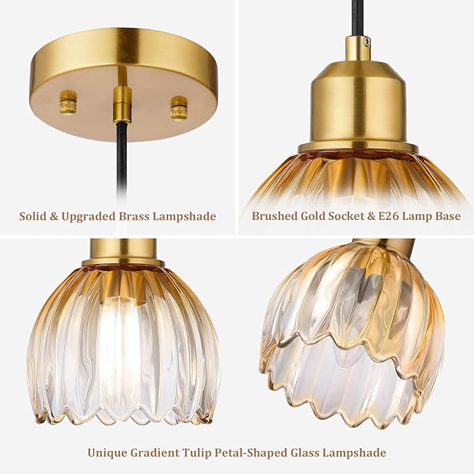 TALOYA Pendant Light 3 Pack with Amber Tulip Glass Lmapshade, Brass Vintage Pendant Light Adjustable Hanging Light for Kitchen Island Bedroom Dining Room Hallway& Bar