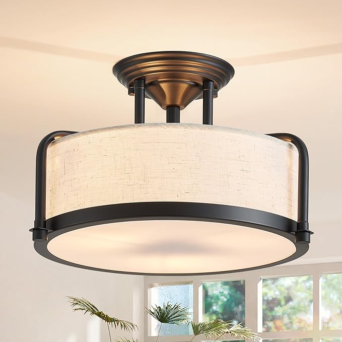 Modern Drum Ceiling Light, Semi-Flushmount Close to Ceiling Light Fixture for Living Room, Bedroom, Dining Room,Kitchen, D13 x 8 in, Linen Fabric Shade & Black Finish Metal Frame
