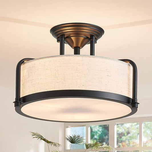 Modern Drum Ceiling Light, Semi-Flushmount Close to Ceiling Light Fixture for Living Room, Bedroom, Dining Room,Kitchen, D13 x 8 in, Linen Fabric Shade & Black Finish Metal Frame