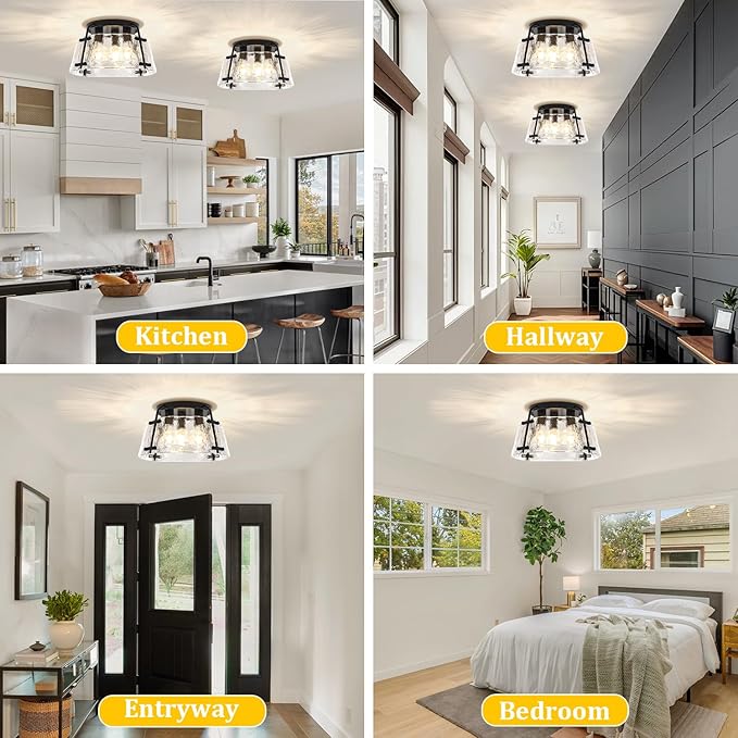 Modern Black Semi Flush Mount Ceiling Light 3-Light Hammered Glass Kitchen Lighting Fixtures Ceiling Hallway Lights Flush Mount Chandelier for Entryway Dining Room Bathroom Bedroom Foyer Lighting