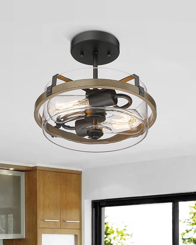 EAPUDUN Farmhouse Ceiling Light, Wooden Semi Flush Mount Ceiling Light Fixtures with Clear Glass Shade, Retro 2-Light Ceiling Lamp for Hallway Entryway Bedroom Kitchen Dining Room SMA1444-FBDT