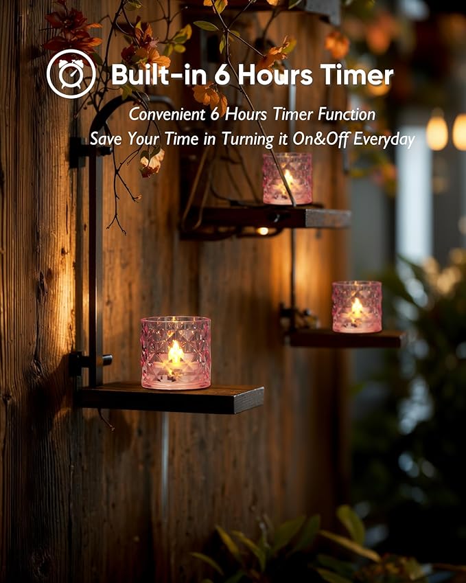 Homemory 2" x 2" Acrylic Votive Candle Holders with Auto Timer Flameless Led Tealight with, Battery Powered Fake Electric Candles for Wedding Centerpiece, Table, Christmas Decor (12Pack, Pink Base)