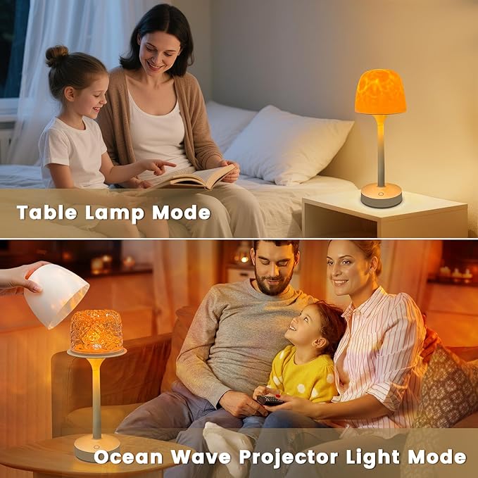 RGB Ocean Wave Projector, Rechargeable Table Lamps with Remote & Touch Control, Cordless LED Projector Light with 16 Color Changeable for Kitchen Counter Nightstand Desk Bathroom (White)