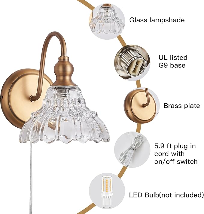 Plug in Vintage Wall Sconces Set of Two Brass Modern Wall Light Fixtures Antique Vanity Lights for Living Room Fireplace Bathroom Bedroom Coffee Room