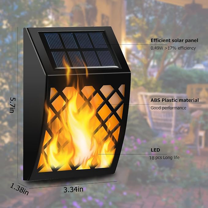 Dynaming Solar Flame Wall Lights Outdoor, 8 Pack Solar Powered Wall Lights, Flickering Flame Auto On/Off Wall Mounted Fence Deck Lights Lattice Decorative for Garage Garden Pathway Patio Porch Yard