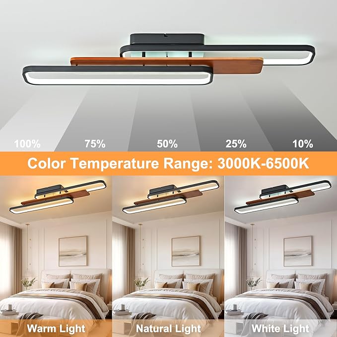 39.4" Modern LED Flush Mount Ceiling Light Dimmable Wood Ceiling Lights Chandeliers, 80W Long Close to Ceiling Lamp 3000K–6500K Linear Lighting Fixtures for Living Room Bedroom Kitchen
