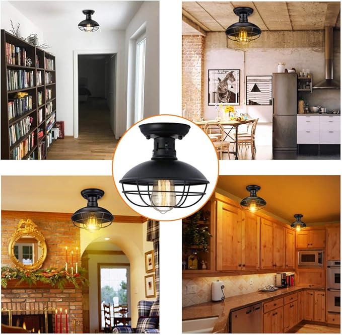 Farmhouse Flush Mount Ceiling Light - Easric Industrial Ceiling Light Fixture Rustic Black Metal Cage Close to Ceiling Lamp E26 Base for Hallway Foyer Kitchen Porch