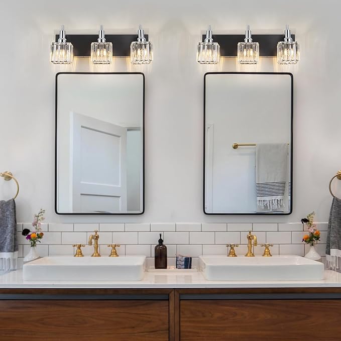 Chrome Bathroom Vanity Lights, Modern 3 Lights Crystal Bathroom Lighting Fixtures Over Mirror Black Chrome Wall Light with Square Shade