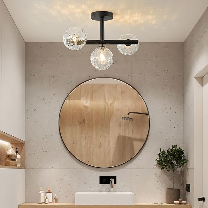 Modern Globe Glass Ceiling Light: 13 Inch Sputnik Semi Flush Mount Light with Hammered Clear Glass Shade - 3 Lights Black Ceiling Lighting Fixture - Dimmable Linear Chandelier for Bedroom Living Room