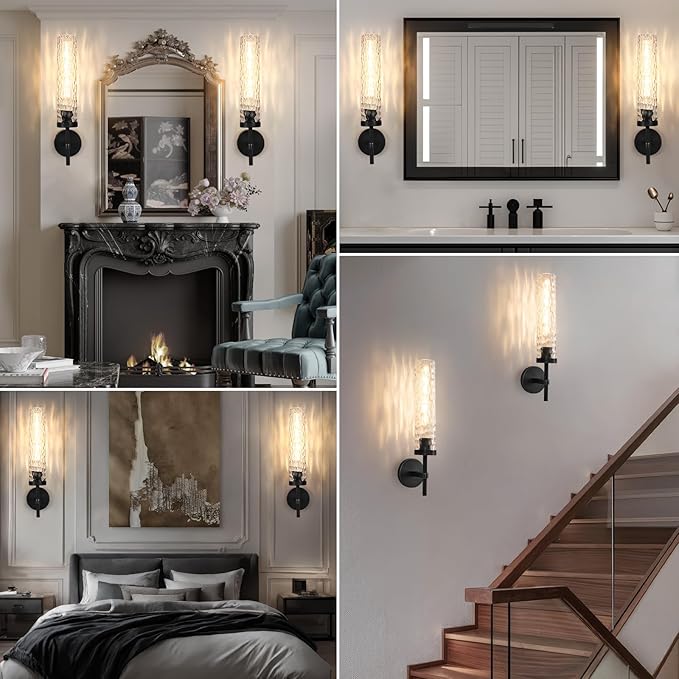 Brass Knurled Bathroom Sconces Set of 2, 19.5 Inch Black Vanity Light Fixtures with Water Ripple Glass Tube Modern Wall Lamp for Bathroom Mirror Bedroom Living Room Hallway