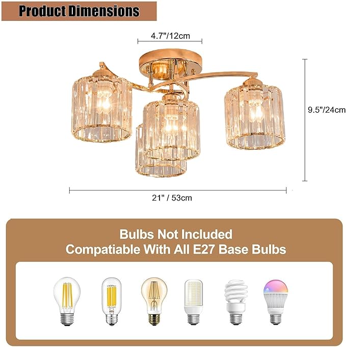 Crystal Chandelier, Modern Elegant Ceiling Light E26 Base Easy Installation Durable Metal Frame for Living Room Bedroom Dining Room,Golden