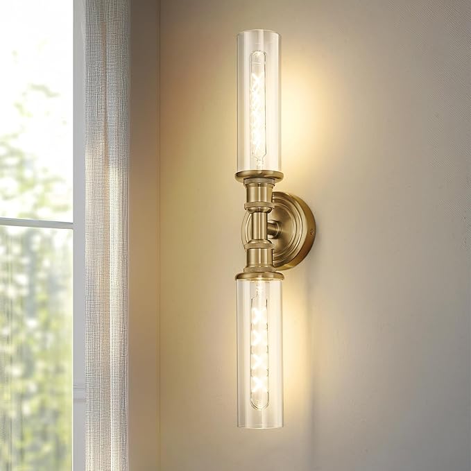 Ken & Ricky 24" Modern Bathroom Sconces Wall Lighting,Brushed Gold Wall Sconce Vanity Lights with Clear Glass for Bathroom Living Room Bedroom KR3376-W-BG-1PK