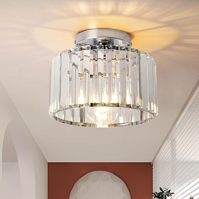 9 Inch Chrome Crystal Ceiling Light Fixture - Modern Semi-Flush Mount Chandelier with Premium Crystals for Entryway, Dining Room, Bedroom, Kitchen