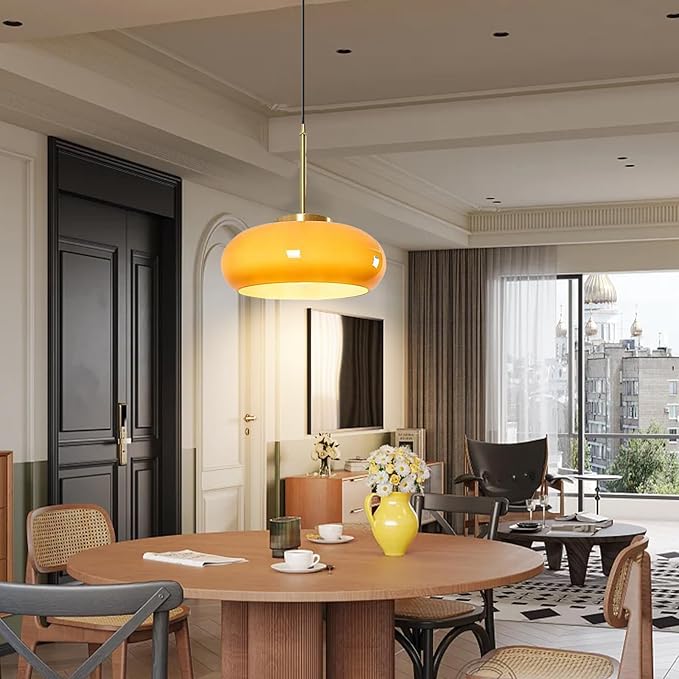 Orange Pendant Light - Glass Hanging Lamp Gold Brass 1-Light Kitchen Island Pendant Lights Fixture Mid Century Modern Ceiling Hanging Lighting with 11 ″ Dome Shade for Dining Room