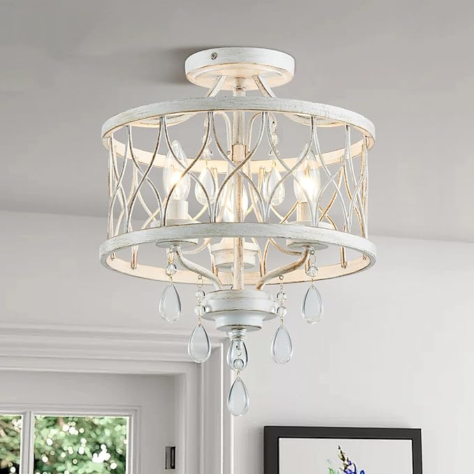 Farmhouse Crystal Ceiling Light Fixture, 3-Light Semi Flush Mount Crystal Chandelier Light Fixture Rustic Vintage White Pendant Ceiling Lamp for Hallway Corridor Kitchen Entryway Bedroom Living Room
