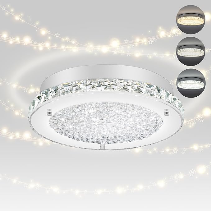 Crystal Flush Mount Ceiling Light 3000/4000/5000K Modern Crystal Light Fixtures Ceiling Mount for Bathroom Hallway Porch Laundry Room Cloakroom 11", LED, Dimmable