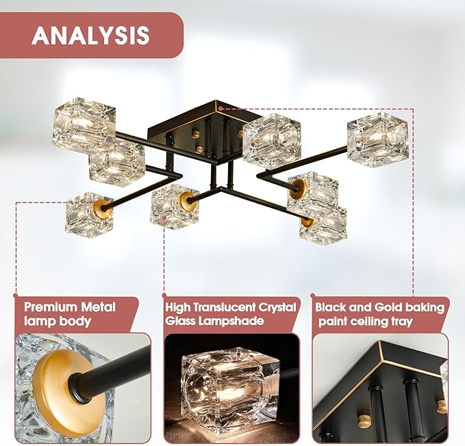 Modern 8-Light Semi Flush Mount Ceiling Light Fixture Black and Gold Chandelier Farmhouse Ceiling Lamp for Dining Room Bedroom Bathroom Entryway Hallway Stairway