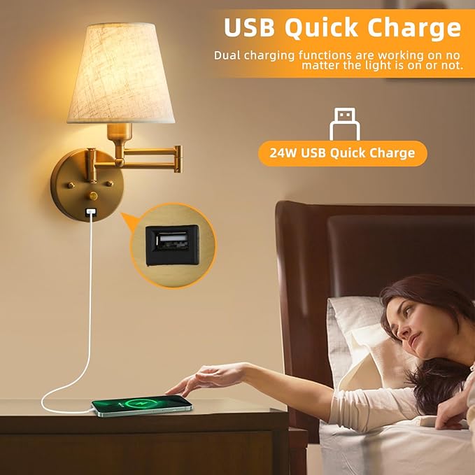 Bedside Wall Mount Light with Dimmable Switch and USB Port, Gold Swing Arm Fabric Shade Wall Sconce Light with Plug in Cord, Wall Lamp Perfect for Bedroom, Living Room and Hotel