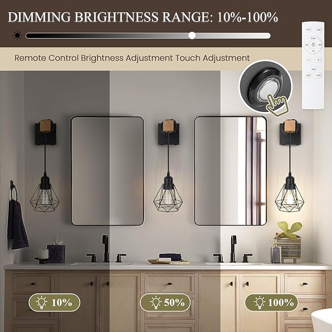 Battery Operated sconces Set of 2 for Bathroom, Dimmable Wall Sconces with Remote Control, Black LED Wireless Wall Lights for Living Room, Hallway, Bedroom(2 Pack)