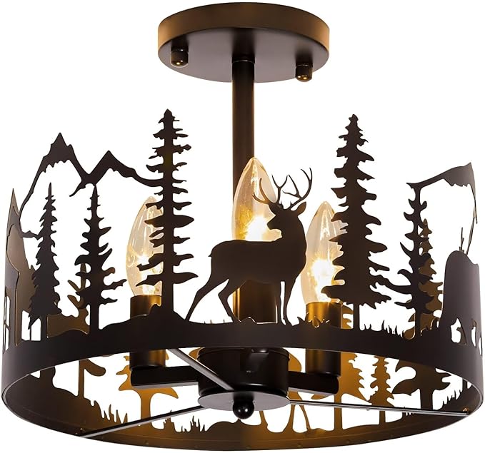 Rustic Farmhouse Semi-Flush Mount Ceiling Light Fixture,3-Light E12 Base Black Round Metal Light Fixtures for Kitchen, Foyer, Living Room, Industrial Style with Deer, Bear, and Tree Design-Rimless