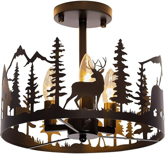 Rustic Farmhouse Semi-Flush Mount Ceiling Light Fixture,3-Light E12 Base Black Round Metal Light Fixtures for Kitchen, Foyer, Living Room, Industrial Style with Deer, Bear, and Tree Design-Rimless