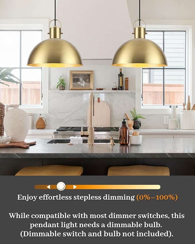 Gold Pendant Light 2 Pack, 11.8 Inch Pendant Lights Kitchen Island, Dome Pendant Lights, Farmhouse Pendant Light for Kitchen Island, Dining Room, Living Room
