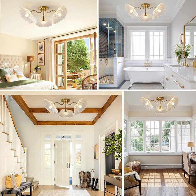 Mid Century Modern Close to Ceiling Light Fixtures Flower Flush Mount Ceiling Lights Glass Chandelier 3-Light Gold Brass Overhead Light Sputnik Ceiling Lighting for Dining Living Room