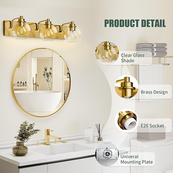 Espird 3 Light Bathroom Light Fixtures-Brushed Gold Bathroom Vanity Lights, Modern Vanity Lights 3-Light Bathroom Lighting Fixtures Over Mirror with Clear Glass Globe Shade