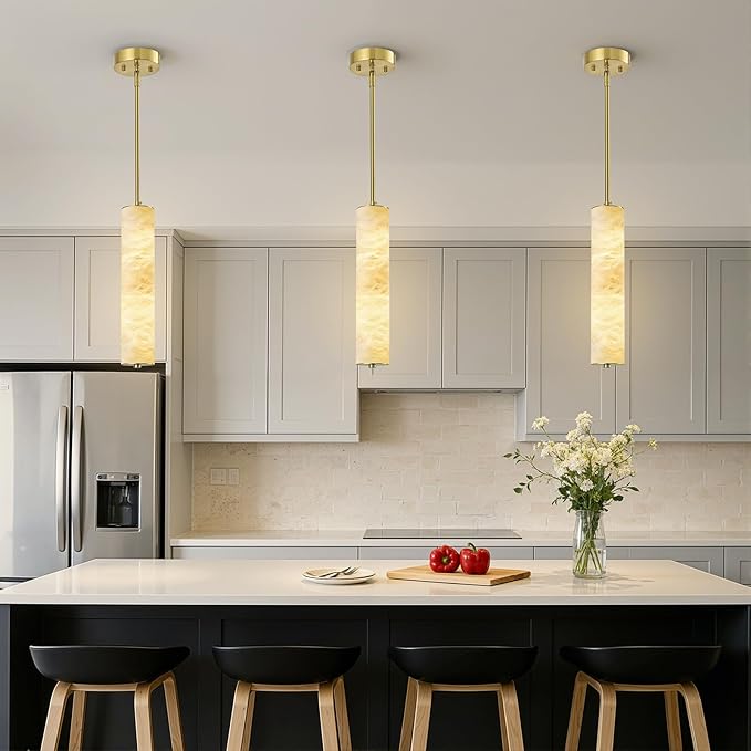 LMQNINE Natural Alabaster Pendant Lights White Marble 15" Long Tube Adjustable Boom Chandelier Modern 3000K Gold Ceiling Light for Kitchen Island Bedroom Dining Room Living Room Hallway(S-1Pack)