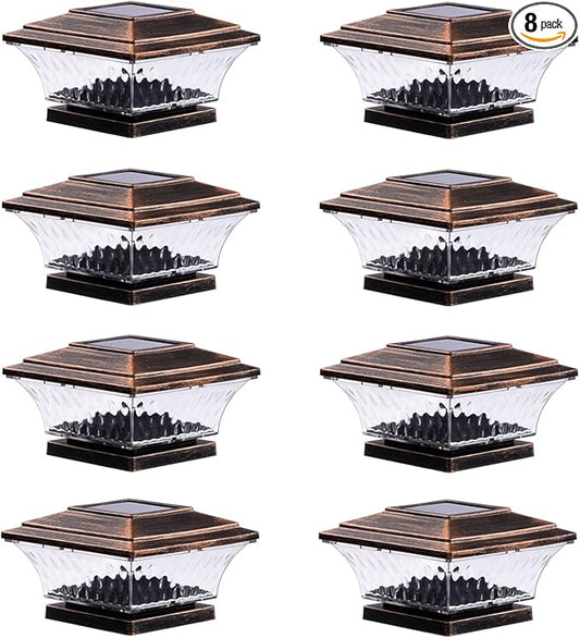 HUYIENO Solar Post Cap Lights Outdoor LED Lighting Deck Fence Cap Light Two Light Modes Warm White/Bright White Suitable for 4x4 Wooden Posts (Brushed Copper, 8pk)