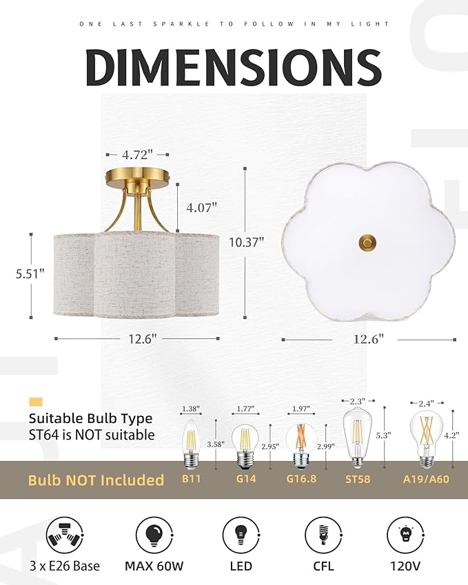 AUTELO 3-Light Semi Flush Mount Ceiling Light, Brushed Gold 12.6 Inch Modern Ceiling Light with Flower-Shaped White Fabric, Farmhouse Ceiling Light for Bedroom Hallway, C2507 BGS-6