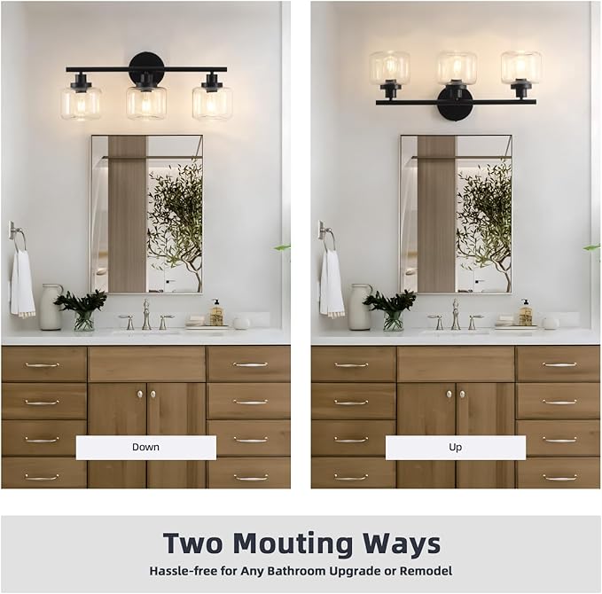 2025 Upgraded Black Bathroom Vanity Light 3-Lights Bathroom Light Fixtures Over Mirror with Glass Shade 25 inch Wall Sconce Lighting Bath(Exclude E26 Bulb)