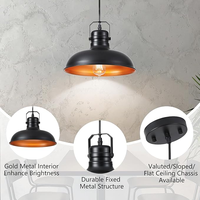 Industrial Pendant Light, 10.5 Inch Farmhouse Small Black and Gold Chandelier, Vintage Hanging Light Fixture with 71'' Height Adjustable Cord for Kitchen Island, Dining Room, Bedroom - 2 Pack