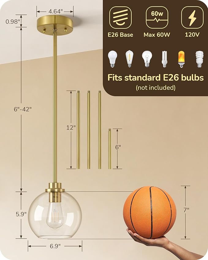 EDISHINE Pendant Lights Kitchen Island, Modern Gold Hanging Light Fixture with Clear Glass Globe Shade, Hardwired Adjustable Metal Rod for Dining Room, Entryway, 1 Pack
