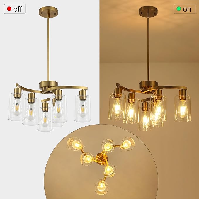 6 Light Gold Dining Room Light Fixture，Modern Farmhouse Kitchen Chandeliers Over Table，Adjustable Height Hanging Pendant Lighting for Kitchen Island ，with Glass Shade