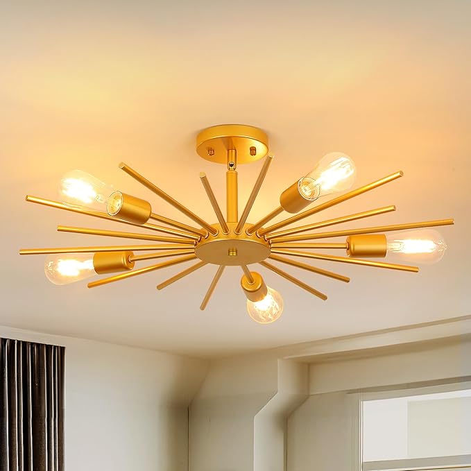 Gold Semi Flush Mount Ceiling Light, 27.5 Inch 5-Light Large Sputnik Flush Mount Light Fixtures, Modern Mid Century Sloped Ceiling Lighting for Kitche n, Entryway, Bedroom, Living Room
