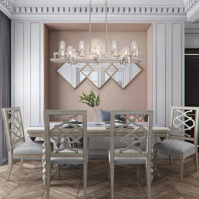 WUZUPS Island Rectangle Chandelier 10-Light with Clear Glass Industrial Modern Farmhouse Linear Light Fixture for Dining Room Kithen Island, Width 42.5" Height 10.4", Brushed Nickel
