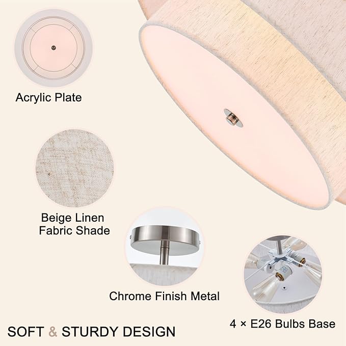 21.7" Modern Semi Flush Mount Ceiling Light 4-Lights Linen Drum Ceiling Lighting with Chrome Finish, Vintage Ceiling Light Fixture for Laundry Room, Kitchen, Living Room, Dining Room, Bedroo